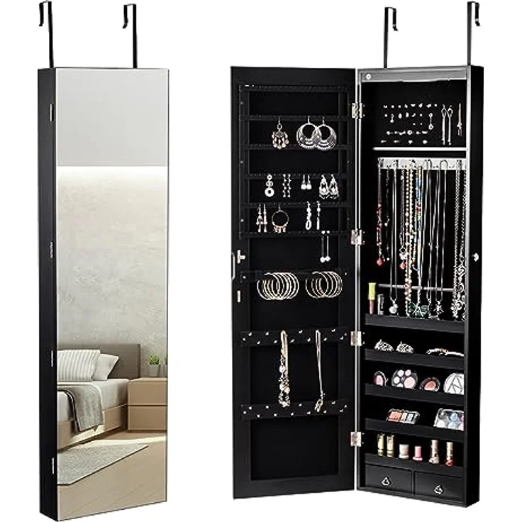 COSTWAY Schmuckschrank mit LED Beleuchtung, Schmuckregal haengend mit Spiegel, abschliessbar mit Schlüsseln, 120 cm hoch, schwarz – Bild 2