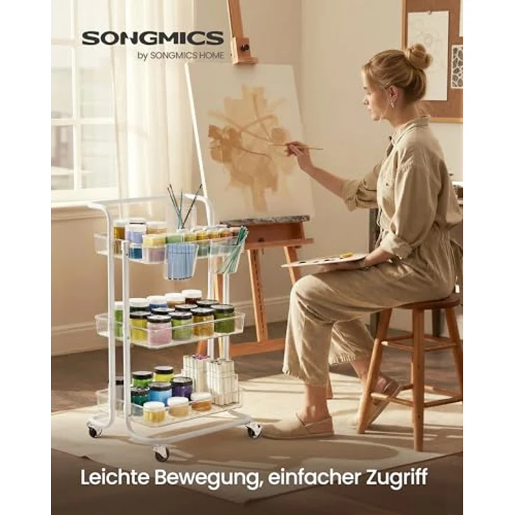 SONGMICS Rollwagen, 3 Ebenen, Servierwagen, Küchenwagen mit Griff, 2 kleine Einhängefächer, 2 Bremsen, Ablagefächer aus Kunststoff, einfacher Aufbau, Schlafzimmer, weiß-transparent BSC067W03 – Bild 2