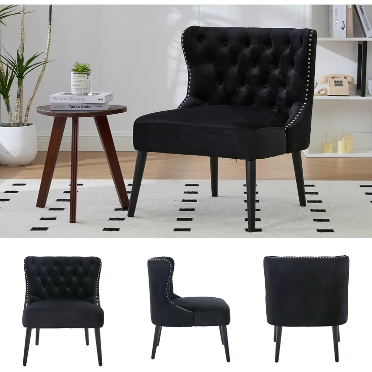 LVHOM Polsterstuhl aus Samt, Esszimmerstühle mit Knopfheftung, ohne Armlehnen, Massivholz Beine, Für Wohnzimmer, Büro & Schlafzimmer, Schwarz – Bild 8