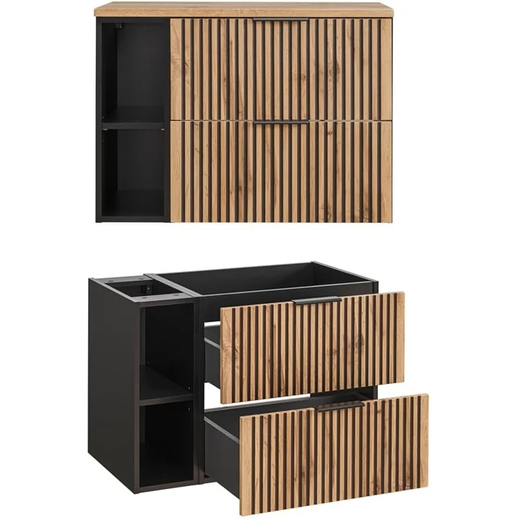 Waschtisch mit Regal und Aufsatzwaschbecken XANTEN-56 in anthrazit mit Eiche Nb. schwarz gerillt, B/H/T: ca. 80,6/74,2/46,5 cm – Bild 3