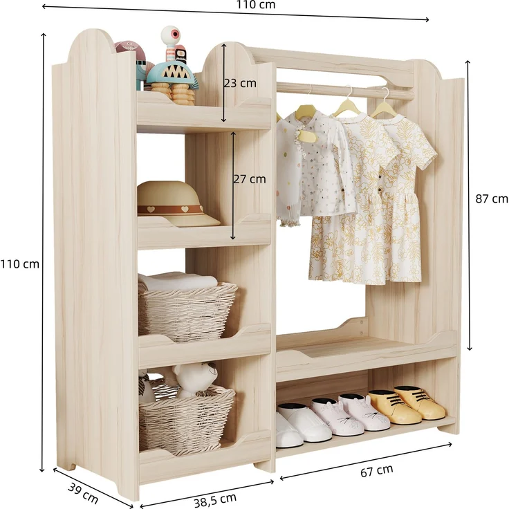 Kindergarderobe mit Sitzbank, Kleiderstange & vier offenen Regalen, aus Kiefer + E1-MDF, Natur, Kinderzimmer Aufbewahrungsschrank, Maße H110 × T39 × B110 cm – Bild 6