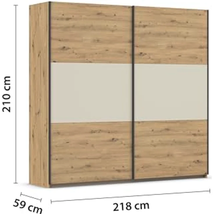 Rauch Möbel Neo, Schwebetürenschrank, Kleiderschrank, Kleiderschränke, Garderobe, Schrank mit Stauraum, 2-türig, Farbe Eiche Artisan/Champagner, 218 x 210 x 59 cm – Bild 4