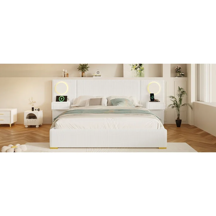 U-life Samtstoff Polsterbett 180x200 cm, fürs Schlafzimmer, USB-Anschlüssen, Samt, Beige – Bild 10