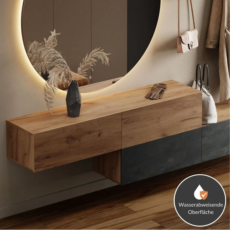 Planetmöbel Garderoben-Set Flur Möbel Garderobe, (Kompaktgarderobe mit Klappe als Stauraum, Hängeschränke 2 x 140 cm Gold Eiche & Gold Eiche / Schwarz Charcoal), Wandgarderobe (ohne Spiegel) – Bild 3