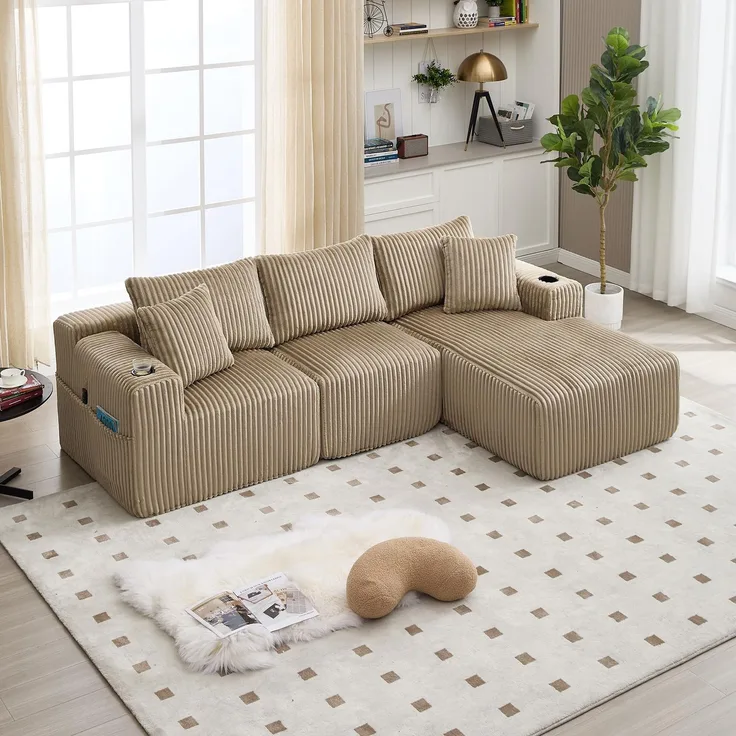 Ball & Cast L-förmiges Eckcouch mit Schlaffunktion, 3-Sitzer Sofa mit 2 Getränkehalter aus Cordbezug für das Wohnzimmer Wohnung Studio, 257 x 62 x 160 (BxHxT), Khaki