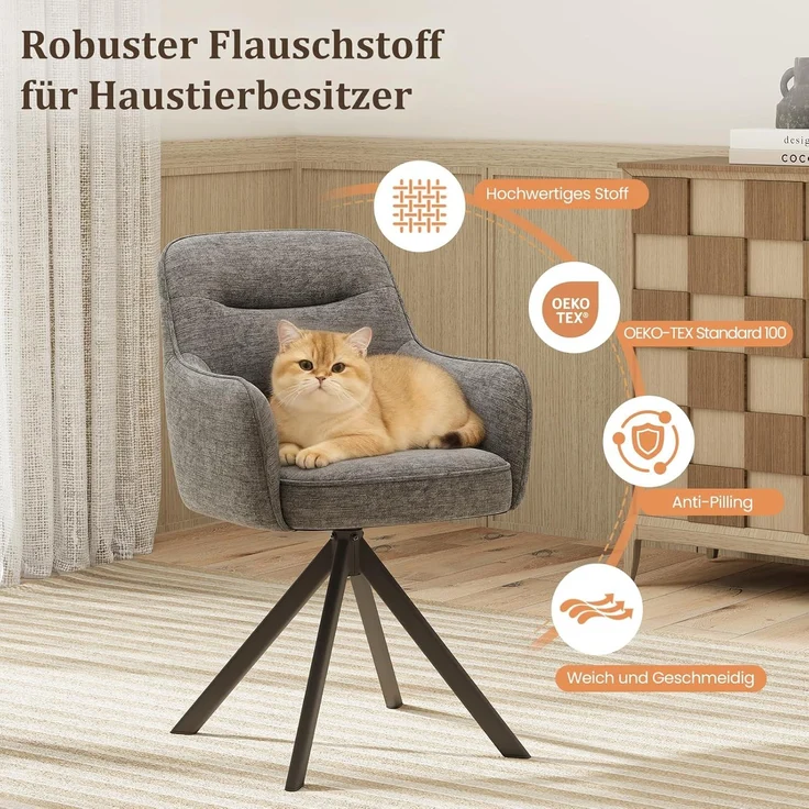 COLAMY Drehbare Esszimmerstühle 4er Set mit Armlehnen, Drehbare Polsterstühle für Küche & Esszimmer aus weichem Florstoff mit Metallgestell und Rückenlehne, für Esszimmer, Küche, Büro,Grau – Bild 7