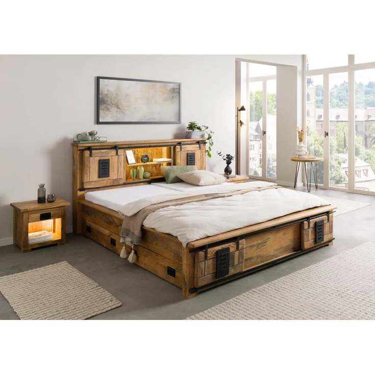 Bett mit Schublade Mango / Altholz 140x200 natur lackiert RAILWAY LUX #107 – Bild 3
