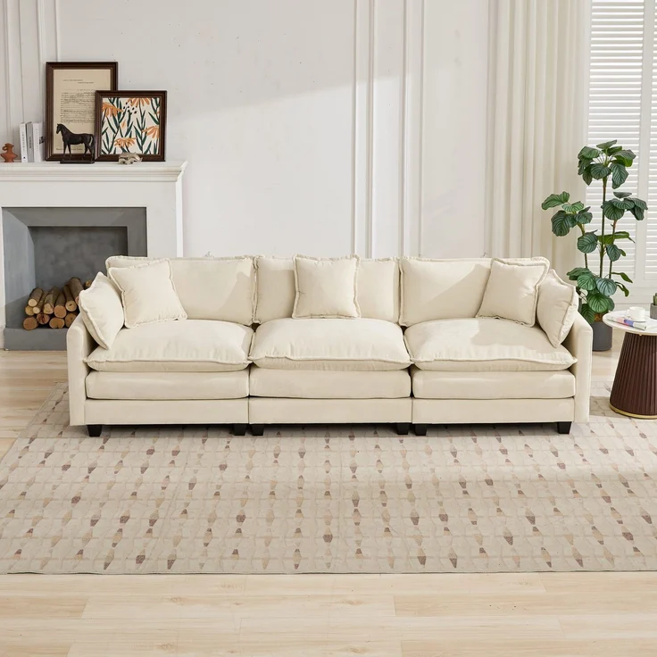 ZUBALIYA Sofa mit LED - Beleuchtung, mit Chenille - Bezug, mit Cordbezug, modular aufgebaut, aus Chenille, Beige – Bild 3