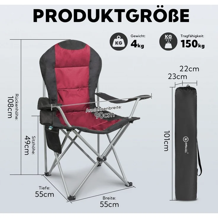 HOMECALL Campingstuhl Hochlehner 108cm mit Lendenwirbelstütze Klappstuhl Angelstuhl Faltbar (Bis 150kg, gepolstert, faltbar, stabil, 2 St), für Camp Garten Balkon – Bild 2