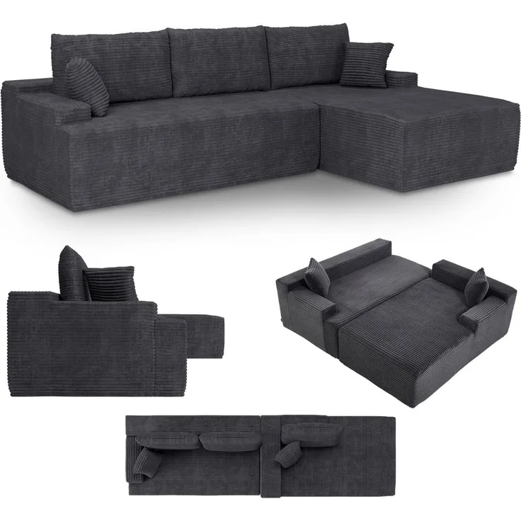 Juskys Sofa Coredo - modernes Cord Sofa mit Ottomane rechts, gemütliche Couch mit Schaumstoffpolsterung, Cordbezug & Kissen, modular - Dunkelgrau