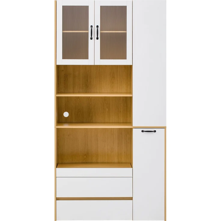 Merax Highboard mit verstellbaren Regalböden und Schubladen, Buffetschrank mit ausziehbaren Regalböden und Riffelglas(Weiß+Natur) – Bild 9