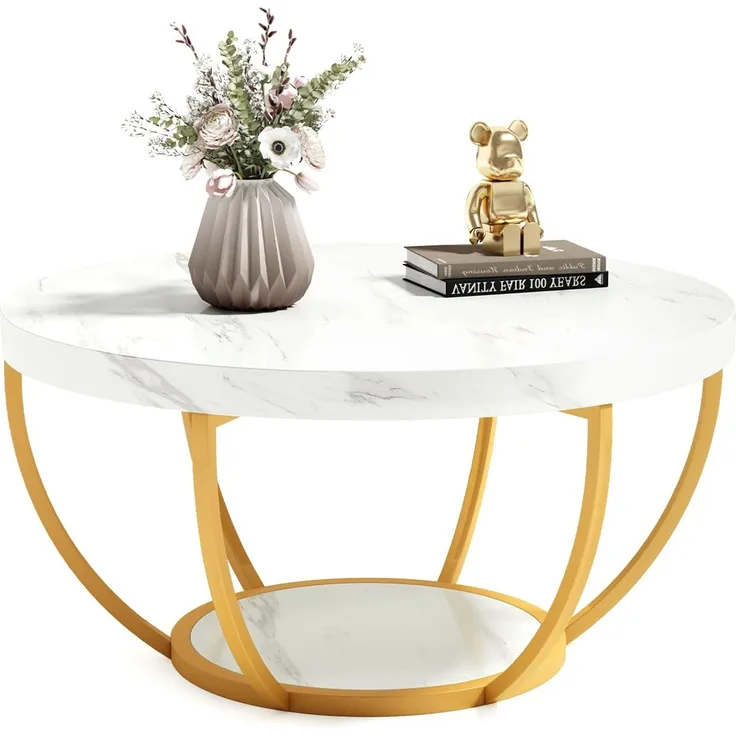 LITTLE TREE Runder Couchtisch, 81,3 cm, runder Couchtisch aus Kunstmarmor, für Wohnzimmer, 2-stöckige goldene Metallbeine, Akzent-Mitteltisch mit offenem Stauraum, modernes Design, Wohnmöbel (Weiß und