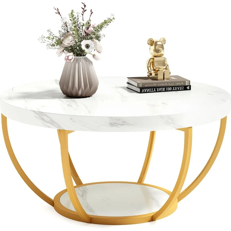 LITTLE TREE Runder Couchtisch, 81,3 cm, runder Couchtisch aus Kunstmarmor, für Wohnzimmer, 2-stöckige goldene Metallbeine, Akzent-Mitteltisch mit offenem Stauraum, modernes Design, Wohnmöbel (Weiß und