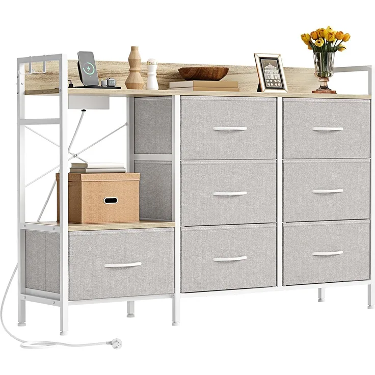 YITAHOME Kommode Schlafzimmer mit 7 Stoffschubladen, Kommode mit 2 Steckdosen, 2 USB-Anschlüssen und LED-Lichtleiste, TV-Schrank mit seitlichen Haken,Off White