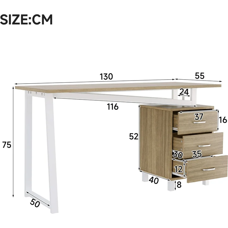 Schreibtisch mit MDF-Platte, 3 Schubladen, 130x55x75 cm, Naturholzfarben/Weiß – Bild 4