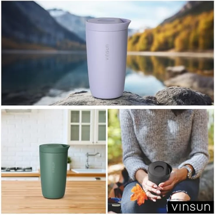 Vinsun Thermobecher Edelstahl Isolierbecher 350ml - Kaffeebecher to Go auslaufsicher, 2-tlg, Edelstahl, Doppelwandig, BPA frei, bruchfest, Einhandbedienung per Knopfdruck – Bild 10