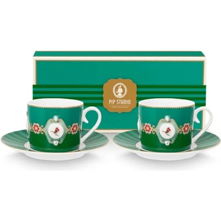 PiP Studio Tasse Love Birds Medallion Emerald-Green Tasse mit Untertasse 0,2l Set2, Porzellan – Bild 1