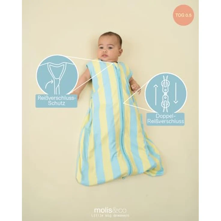 molis&co - Baby Schlafsack 0.5 TOG - Sommerschlafsack für Jungen - Neugeborene Babyschlafsack ohne Ärmel - 100% Baumwolle (Oeko-TEX 100), Premium Qualität - Blue Sunshine (60 cm) – Bild 4