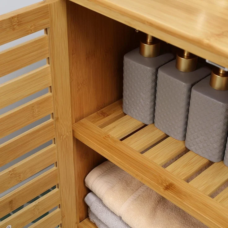 Kleankin Badkommode Badezimmerschrank, Badschrank (Beistellschrank mit 2 Lamellentüren, Innenregalen, 1 St, Bambus Aufbewahrungsschrank für Badezimmer), 68 x 32 x 86 cm, Natur – Bild 9