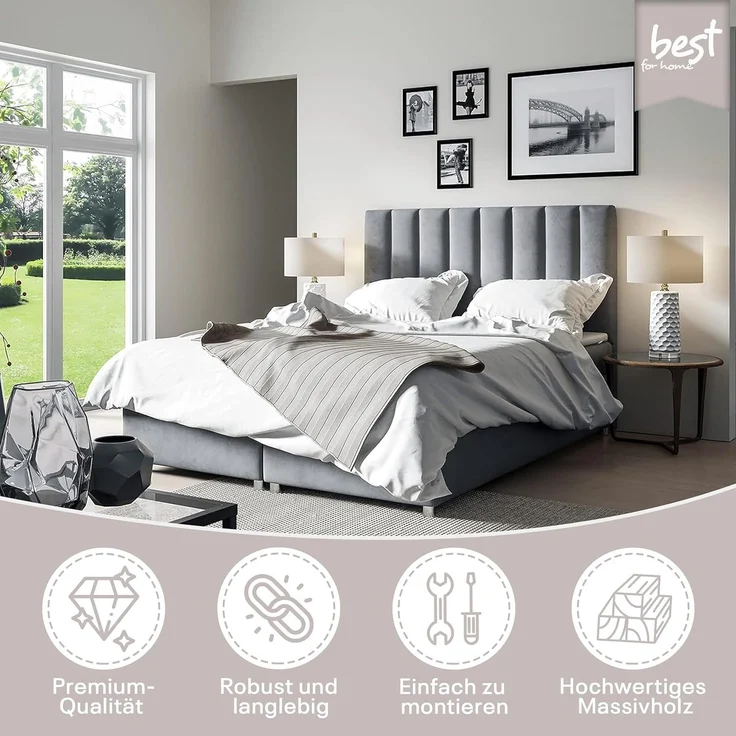 Best for Home Boxspringbett mit Bettkasten Trinity K-10 Bonellfederkern inkl. 7 cm Topper (Bonell-Matratze, gepolstertes Kopfteil, Doppelbett versch. Größen, 140x200 160x200 180x200 200x200 cm), Handwerksqualität, TOP Preis-Leistungs-Verhältnis – Bild 3
