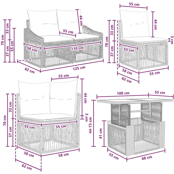 vidaXL Gartensofa-set 10 stk. Schwarz und Cremeweiß 100 x 55 x 73 cm 3437269 – Bild 11