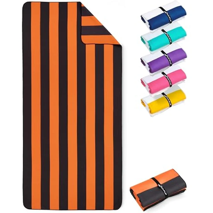 Fit-Flip Strandtuch XXL Mikrofaser, leicht und schnelltrocknend, 100% recyceltes Badetuch, orange-dunkelgrau gestreift, 200x90cm – Bild 1