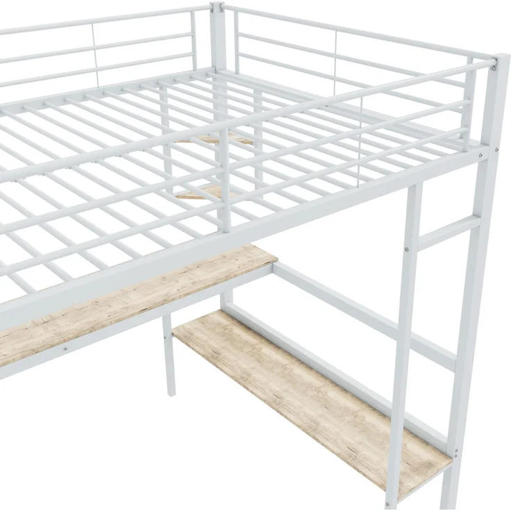 Weißes Metall-Hochbett 140×200cm mit Schreibtisch, 4 kleinen Eckregalen + großem Bücherregal, Stahl+E1-MDF, Weiß, ohne Lattenrost & Matratze, Gesamt L204 × T145 × H180 cm – Bild 8