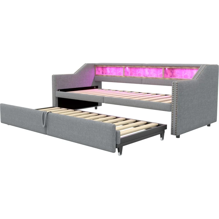 Schlafsofa 209,5×97 cm aus Samtstoff mit ausziehbarem Bett, gepolstert, modernes Tagesbett,Beige – Bild 9