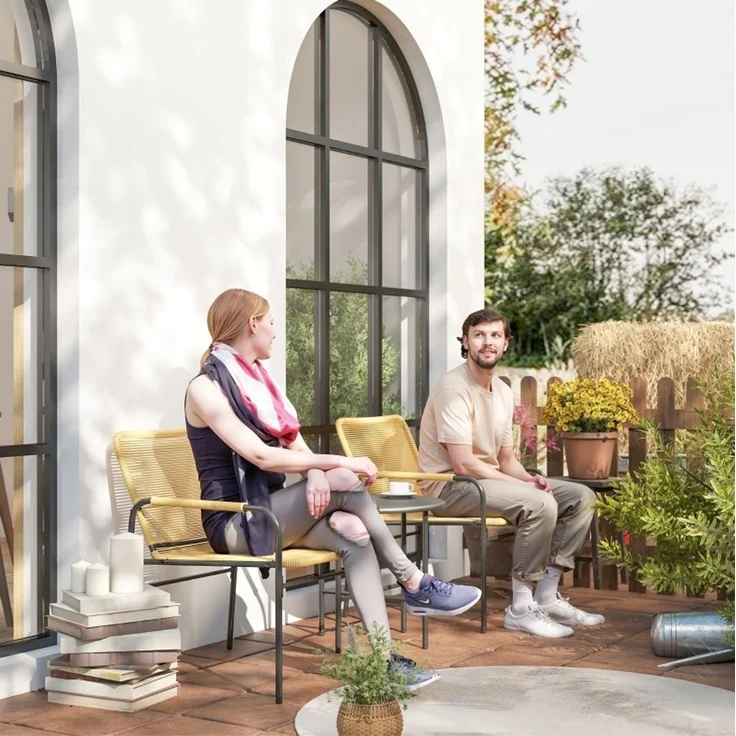 Esstisch-Set 3-tlg. aus Rattan in Gelb: 2 Stühle und Tisch, 54x66x76 cm, 50 cm, Stahl – Bild 4