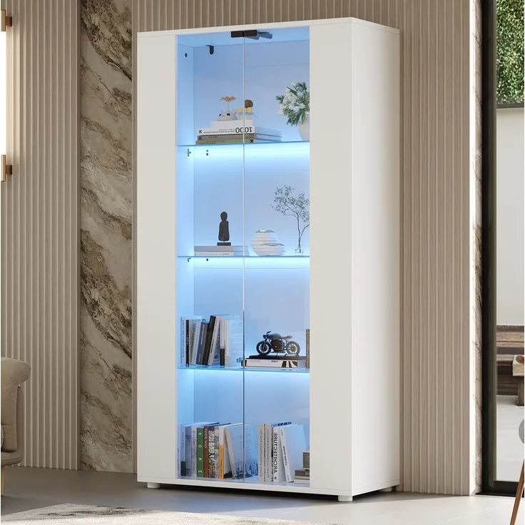DESVIAE Vitrine Weiß aus Spanplatte/Glas – 80x150x36 cm – 2 Glastüren, LED-Beleuchtung