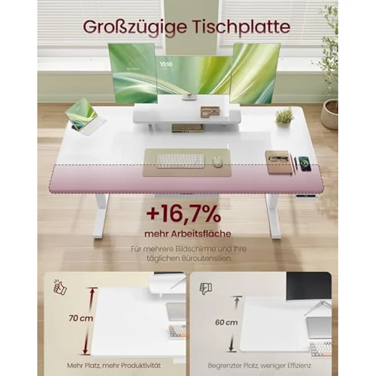 VASAGLE Höhenverstellbarer Schreibtisch, 140x70 cm, flexibel montierbarer Monitorständer, Schublade, USB-C-Anschluss, Erinnerung bei langem Sitzen, für Büro, wolkenweiß LSD154WB01 – Bild 5