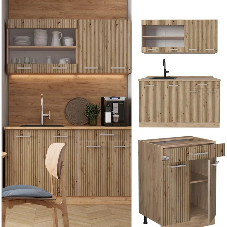 Singleküche R-Line Artisan-Eiche/Goldkraft Eiche 140 cm ohne Arbeitsplatte Vicco – Bild 5