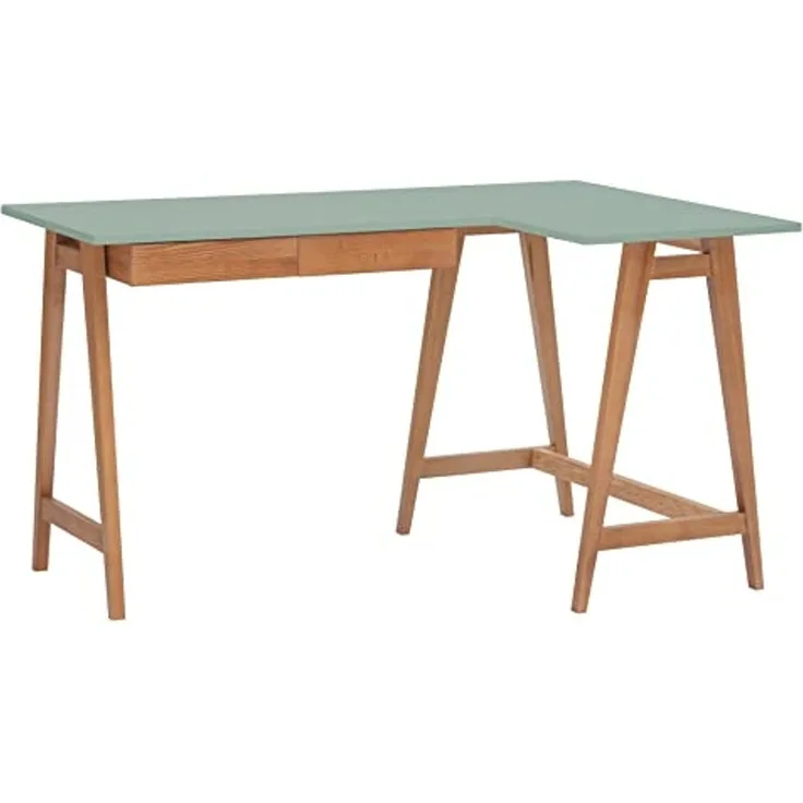 Ragaba Eckschreibtisch mit 2 Schubladen und Fußstütze, MDF & Massives Eschenholz Eichenbeize, 135x85 cm, Salbei Grün, Rechts