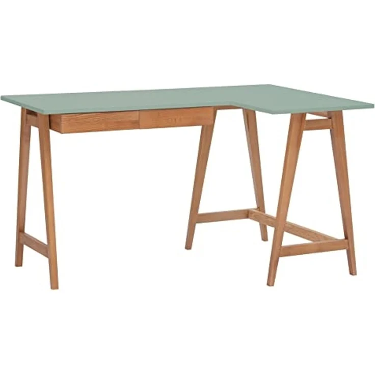 Ragaba Eckschreibtisch mit 2 Schubladen und Fußstütze, MDF & Massives Eschenholz Eichenbeize, 135x85 cm, Salbei Grün, Rechts – Bild 1