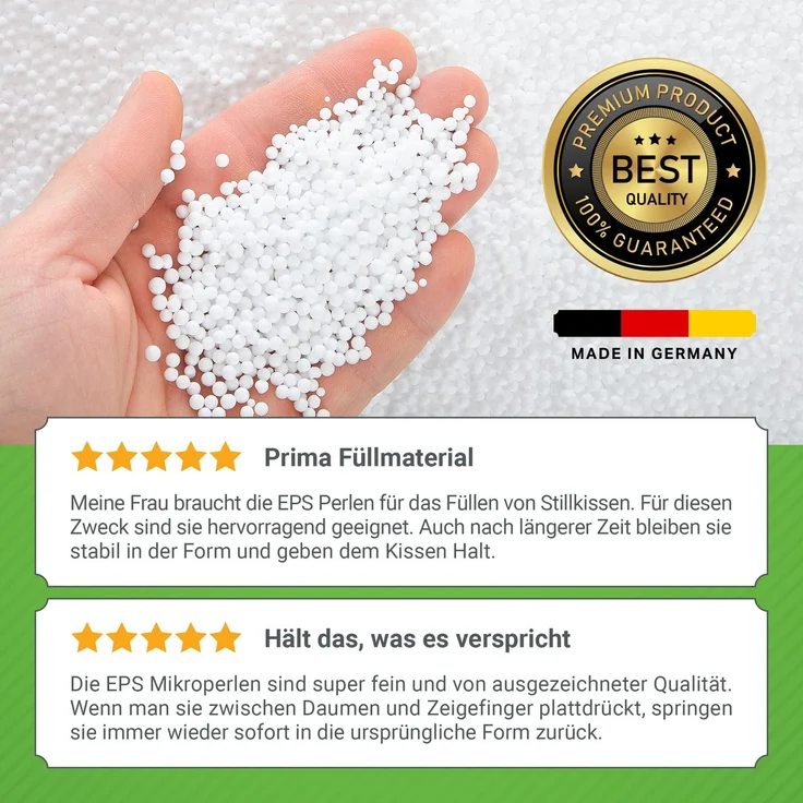 Green Bean® 430 Liter Hochwertige Mikro-EPS Perlen 0,5-1 mm aus deutscher Produktion für Sitzsack-Füllung | Styropor-Kügelchen Nachfüllpack Kissen-Füllung Mikroperlen Stillkissen – Bild 6