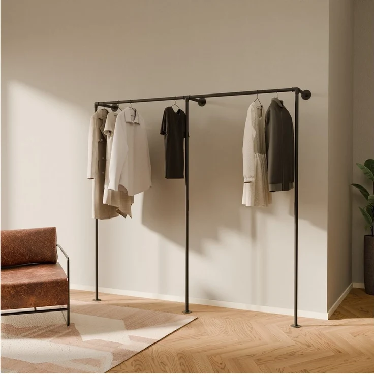 pamo. design Kleiderständer TIM Industrial Kleiderstange zur Wandmontage, Offener Kleiderschrank/Garderobe aus pulverbeschichteten Wasserrohren – Bild 4