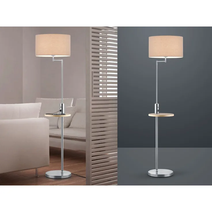 LED Stehleuchte Silber matt mit Stoffschirm, Ablagetisch & USB Anschluss, 160cm