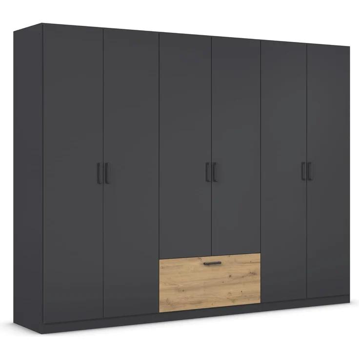 Rauch Möbel Bari, Drehtürenschrank, 6-türig, Farbe Grau-metallic/Eiche Artisan, Schwarz, Holz, 1 Schublade, Griffe Grau metallic, 271 x 210 x 54 cm