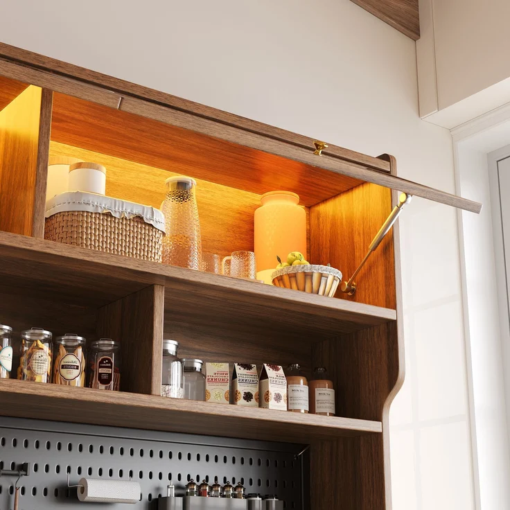 ZUBALIYA LED-Küchenschrank 145x39x171 cm, mit App-Steuerung, mit Stauraum, MDF/Glas, Nussbaum – Bild 6
