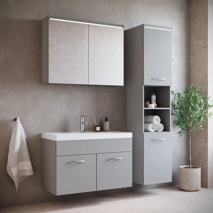 Badplaats Badmöbel Komplettset Paso LED 80x40 cm Grau Matt - Badezimmermöbel mit Waschbecken, Spiegelschrank und Badezimmerschrank – Bild 2