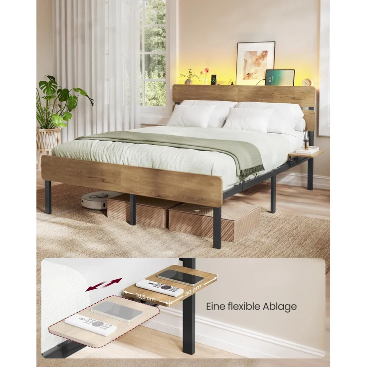 VASAGLE Einzelbettgestell, Bett, 140 x 200 cm, Metallrahmen, LED-Beleuchtung, USB-A- und USB-C-Anschluss, Unterbettaufbewahrung, Industrie-Stil, einfache Montage – Bild 2