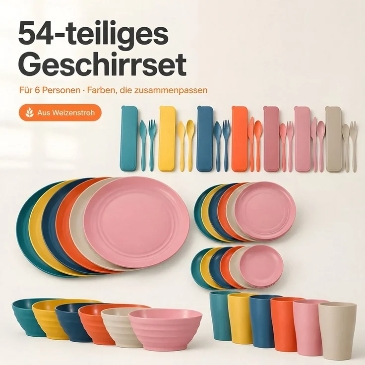 SURFOU Kombiservice Geschirr-Set 54 Teiliges Unzerbrechliches Wiederverwendbar Camping (54-tlg), für 6 Personen Plastikgeschirr Picknick Leicht Bunt Grill Kunststoff – Bild 2