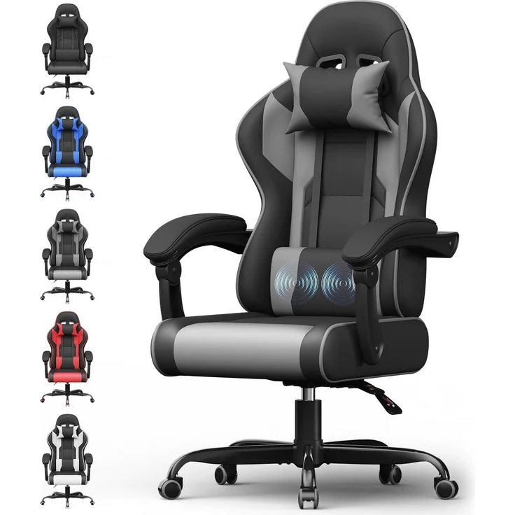 Devoko Gaming Stuhl mit Massagefunktion, Bürostuhl Ergonomisch mit Verstellbarer Ruckenlehne (90-135), Schreibtischstuhl mit Bewegliche Armlehne, max 150kg, Grau – Bild 1