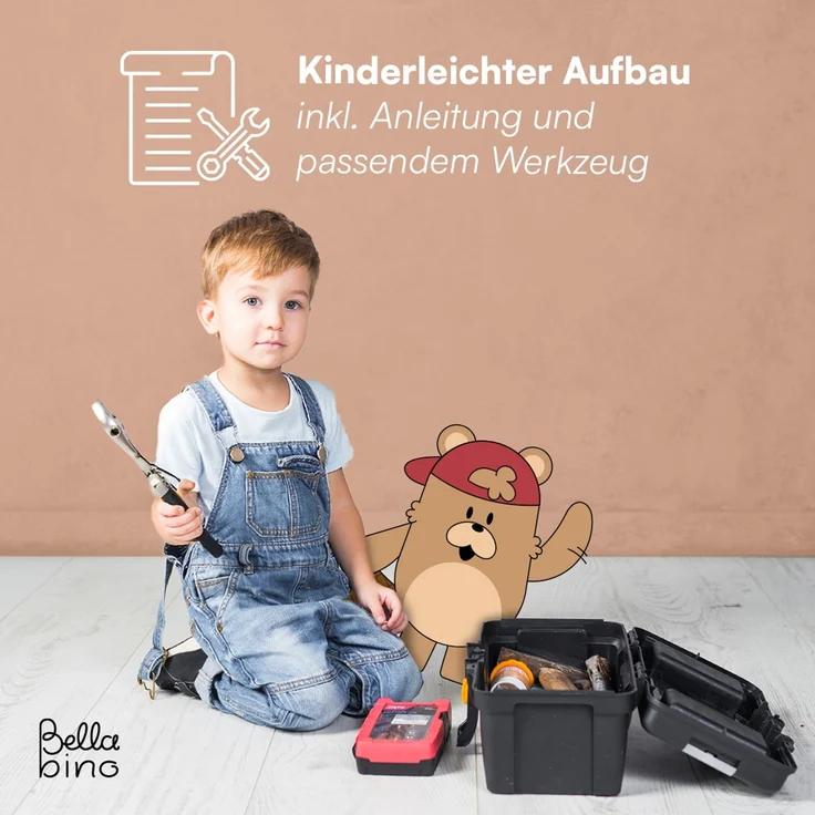 Bellabino 'Bia' Hausbett 140x200 cm mit Matratze und 2 Schubladen, natur, Kiefer Massivholz, Montessori Kinderbett mit Stauraum, inkl. Rausfallschutz und Lattenrost – Bild 10