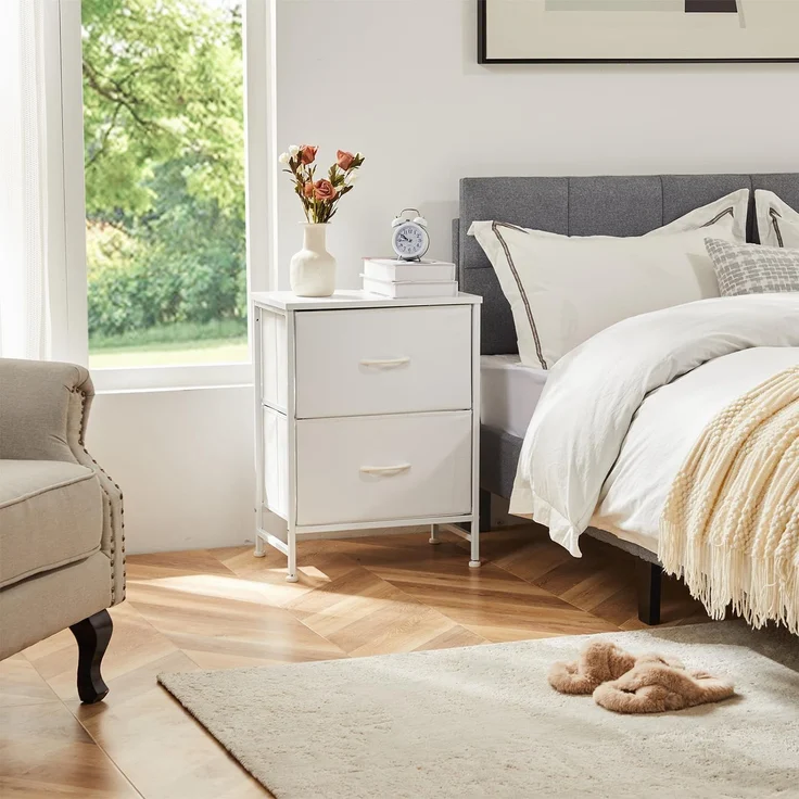 DUMOS Kommode für Schlafzimmer mit 2 Stoffschubladen, hohe Kommode Organizer für Kleidung, Schrank Kinderzimmer, Aufbewahrungsturm mit Schrank, Metallrahmen, Holzplatte, leichte Kinderzimmermöbel – Bild 2