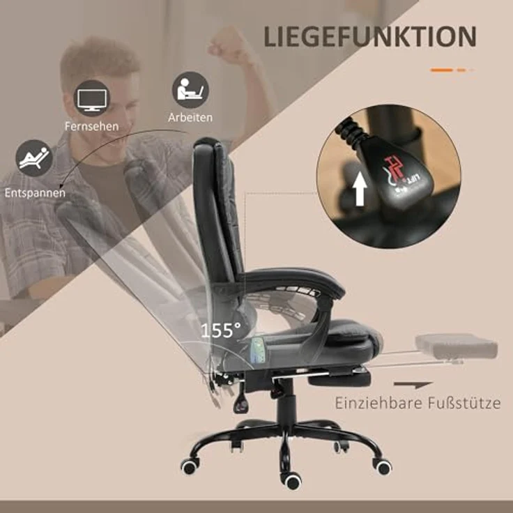 Vinsetto Massagesessel mit 7-Punkt-Massage, integrierter Fußstütze und verstellbarer Rückenlehne, schwarz – Bild 6