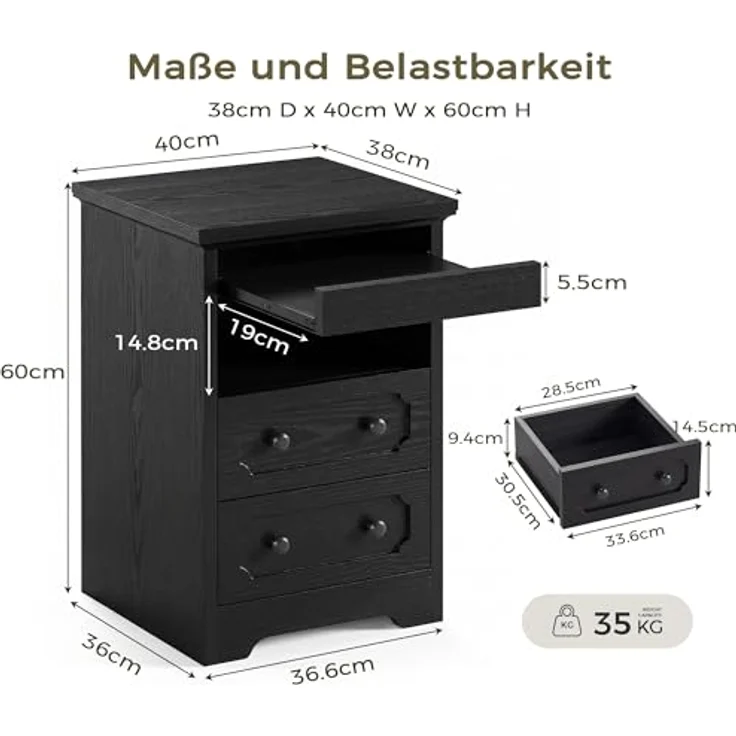 IRONCK Nachttisch, Moderne Nachtkonsole mit 2 Schubladen, Offenem Fach, Beistelltisch mit Herausziehbarer Ablage, Holz-Nachttisch für Schlafzimmer, Wohnzimmer, Schwarz – Bild 3