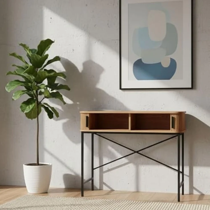 EDAXO Schreibtisch Konsole mit Schiebetüren SCAVA, geriffelt, 100 x 35 x 80,5 cm (funktional, Einzelmöbel), Lamellenfront – Bild 6