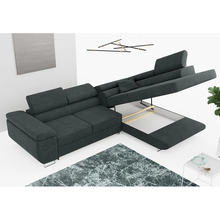 Ecksofa L-Form Couch mit Schlaffunktion und Verstellbare Kopfstützen - GUSTAW - Dunkelgrau Stoff - Rechts – Bild 4