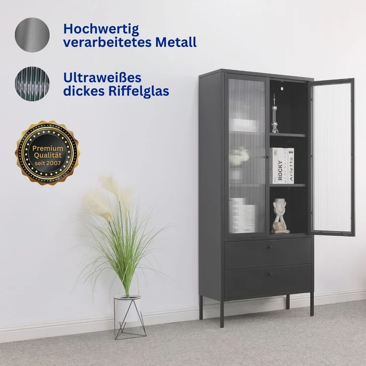 Mein-Regal Vitrine Paris aus Metall mit Schubladen und Glastüren Schwarz – Bild 2